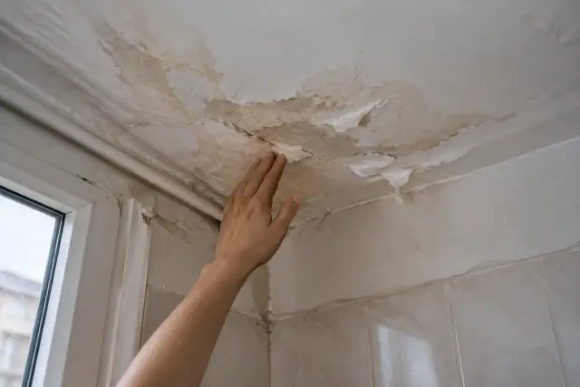 Banyo tavanında su lekesi ve kabaran boya, bir el ıslak bölgeye dokunuyor