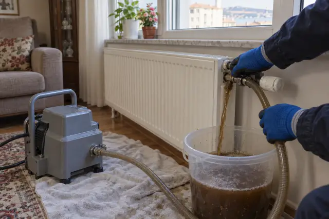Radyatöre bağlanan pompayla petek içindeki tortulu su kovaya boşaltılıyor